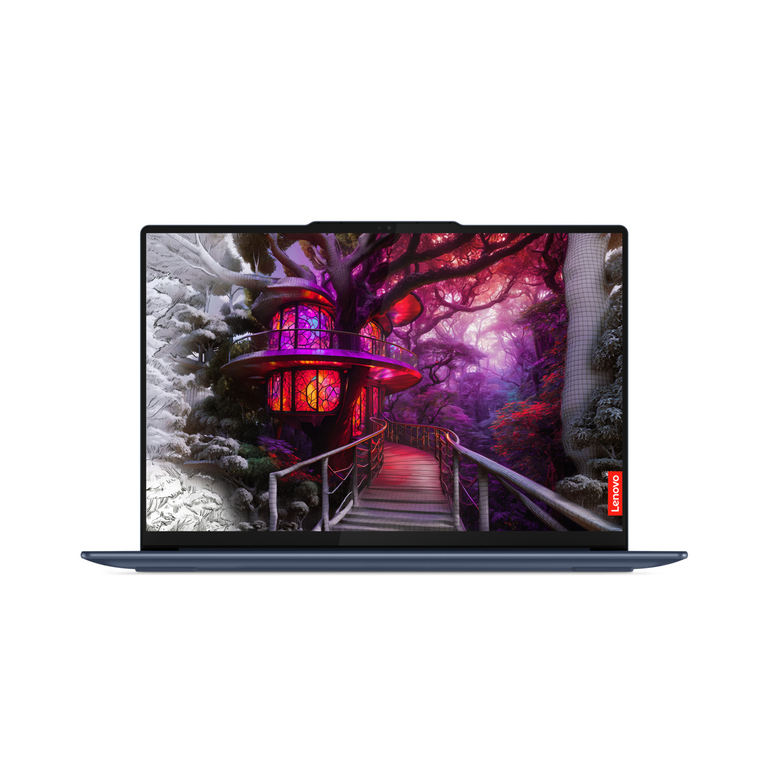 Laptop met fantasie scène: boomhut op brug in kleurrijk bos.