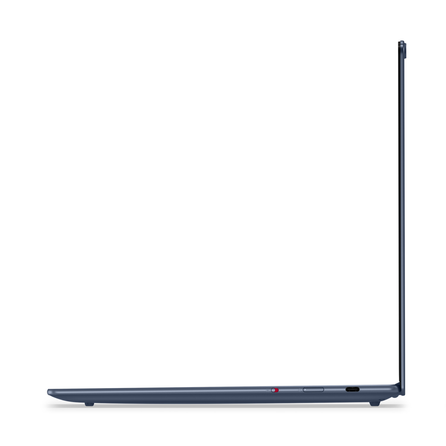 Zijaanzicht van een blauwe laptop, schuin open. Slank ontwerp, met een rode aan/uit-knop.