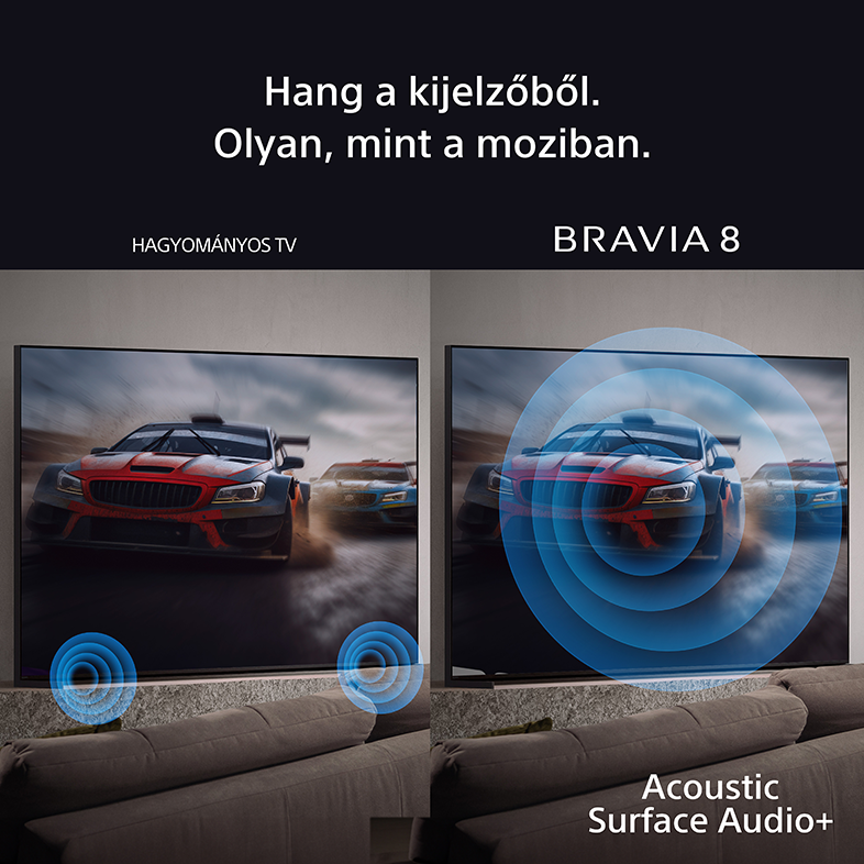 Két TV versenypályás autókkal, az egyik hanghullám vizualizációval, a hangminőséget bemutatva.