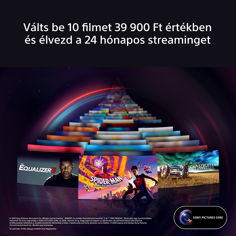 Filmplakátok lebegnek képek felett. Magyar szöveg. Piros-kék színátmenetes háttér.