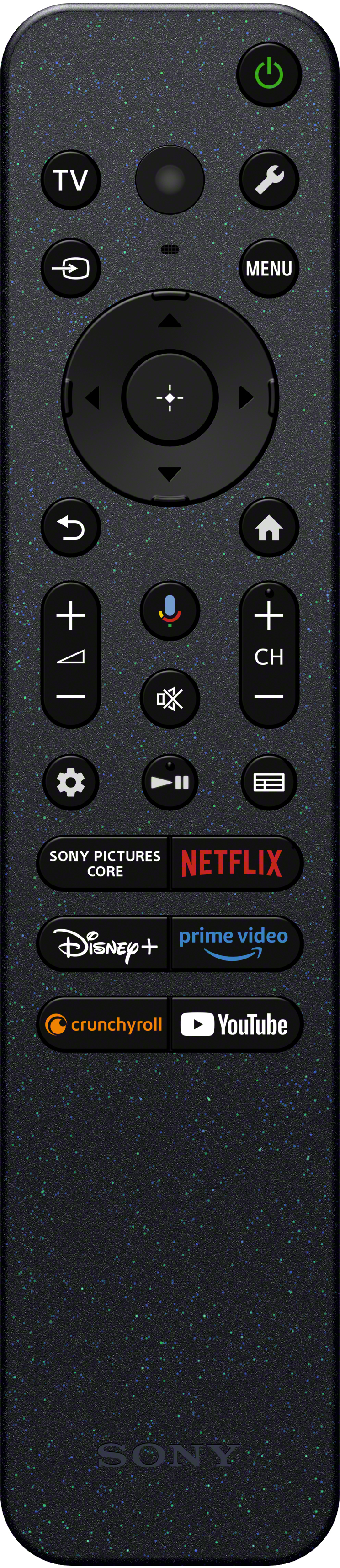 Fekete Sony TV távirányító sok gombbal. Netflixet, Disney+-t és más streaming alkalmazásokat tartalmaz.