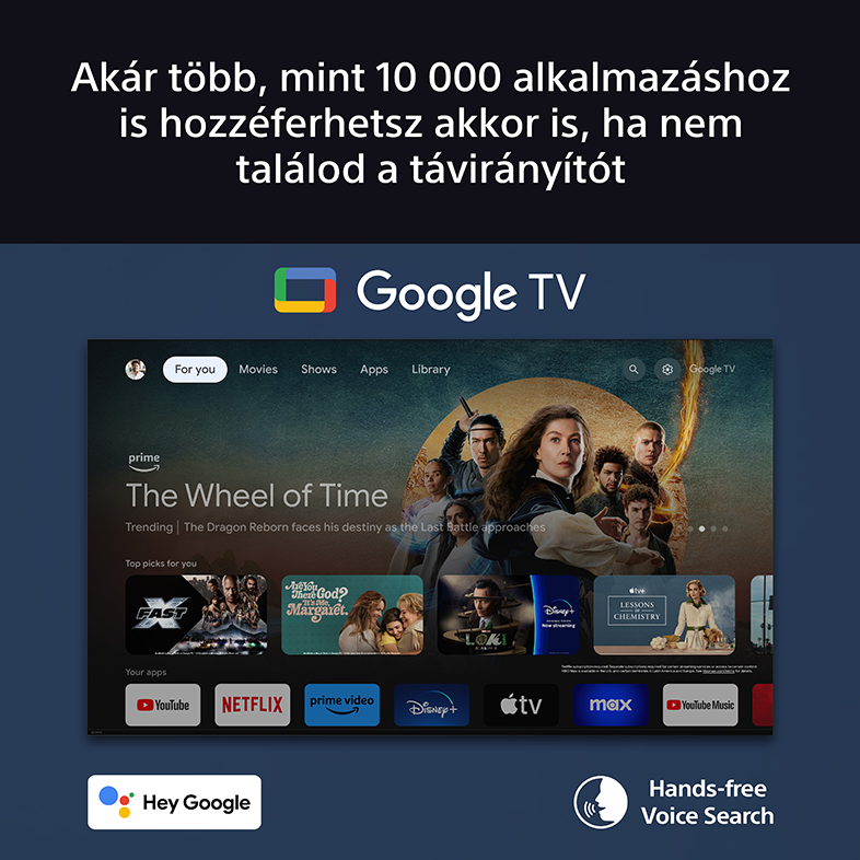 Google TV felület egy televízión. Filmeket, alkalmazásokat és egy 'Hey Google' felszólítást mutat.