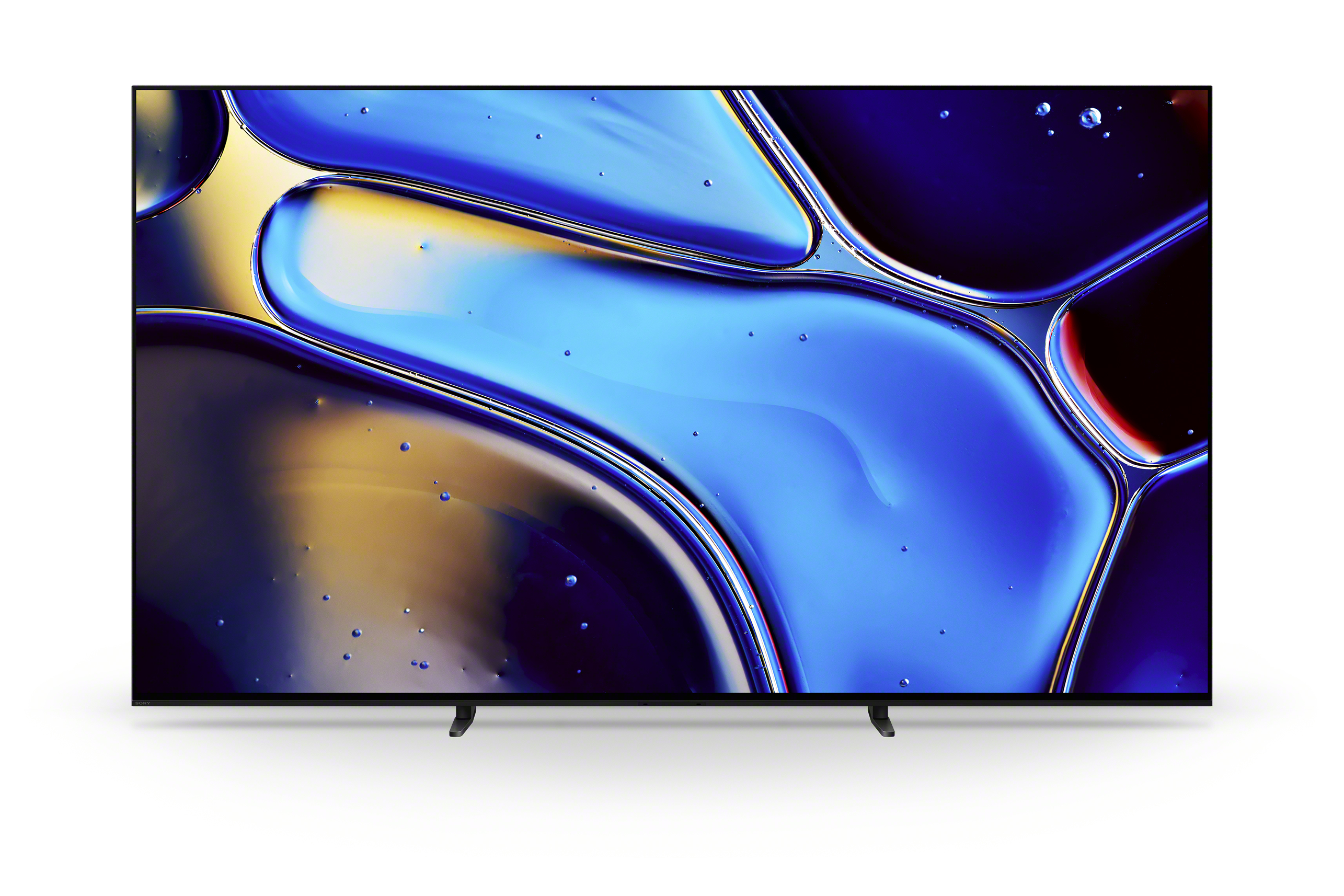 Egy lapos képernyős TV kék és sárga absztrakt műalkotást jelenít meg.
