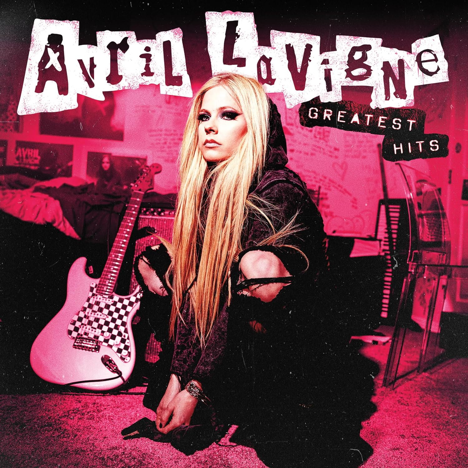 Avril Lavigne album borítója. Térdel, a háttérben gitárral. Rózsaszín háttér.