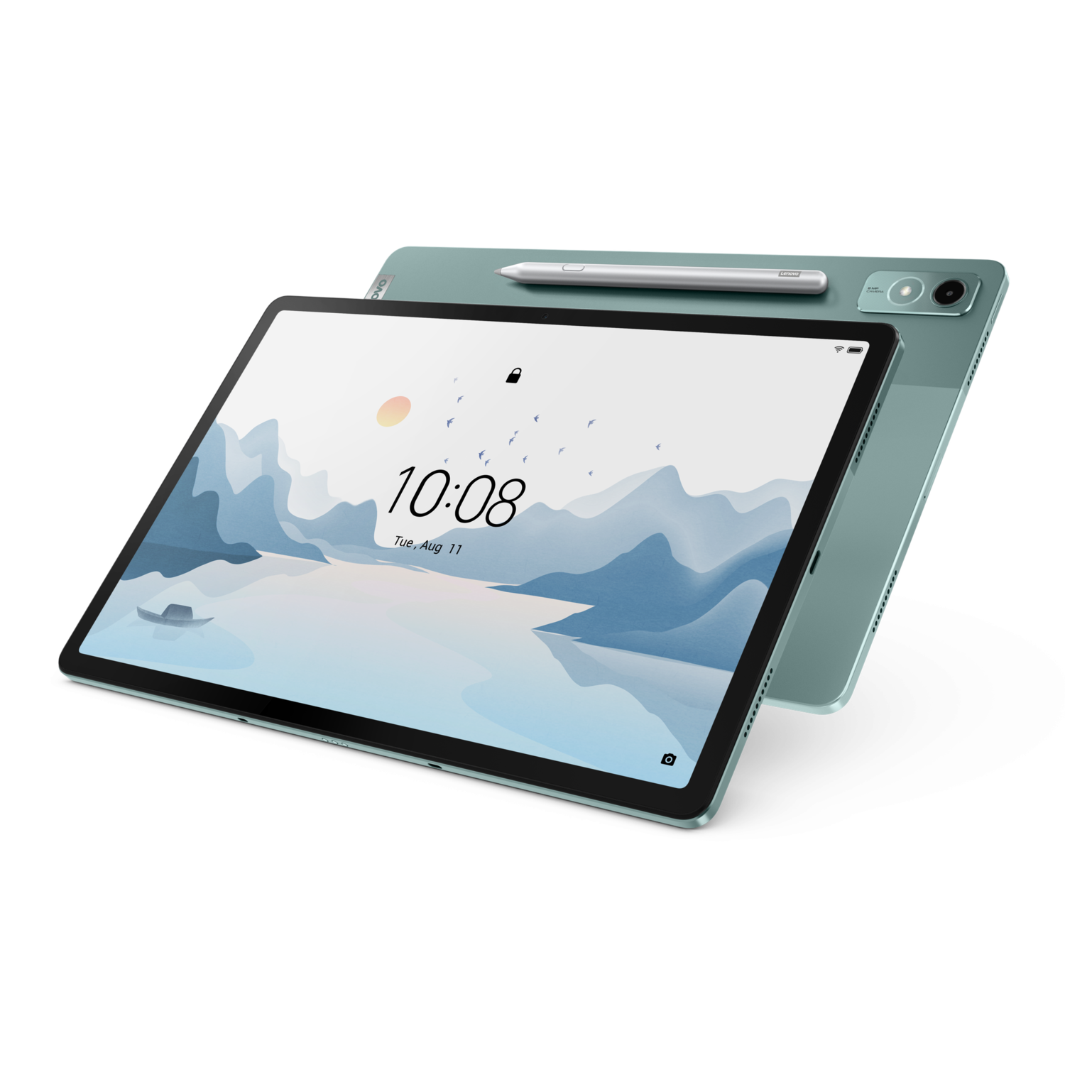 Green tablet with a stylus on top. The screen shows a landscape scene with the time.