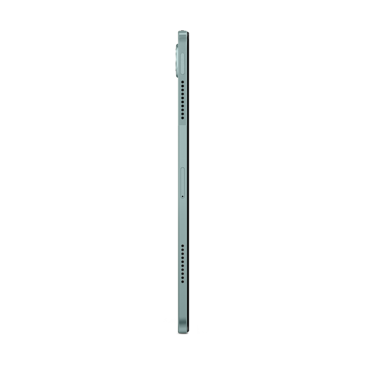 Side view of a light blue tablet with a black screen, against a black background.