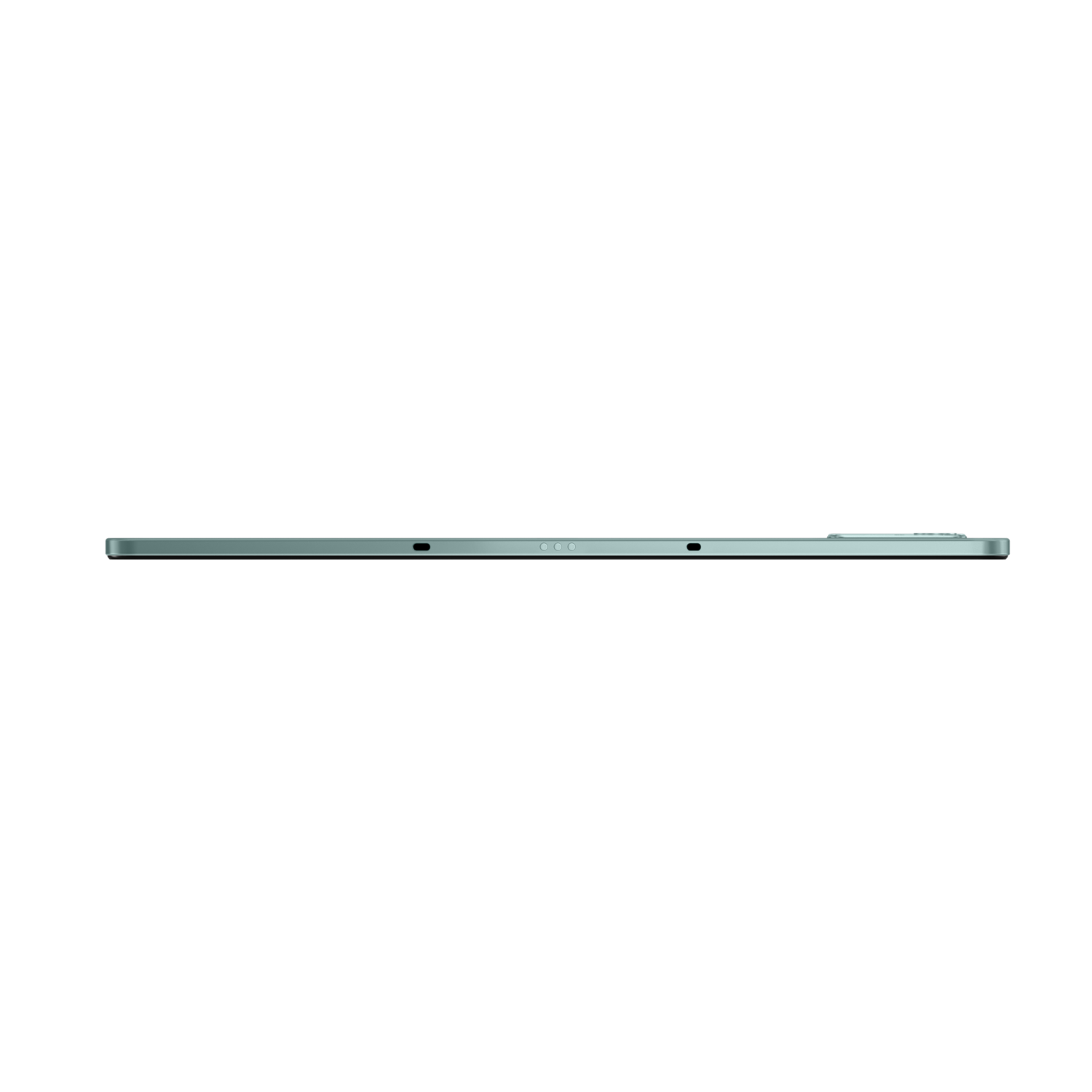 Side view of a thin, light-green tablet with a black background.