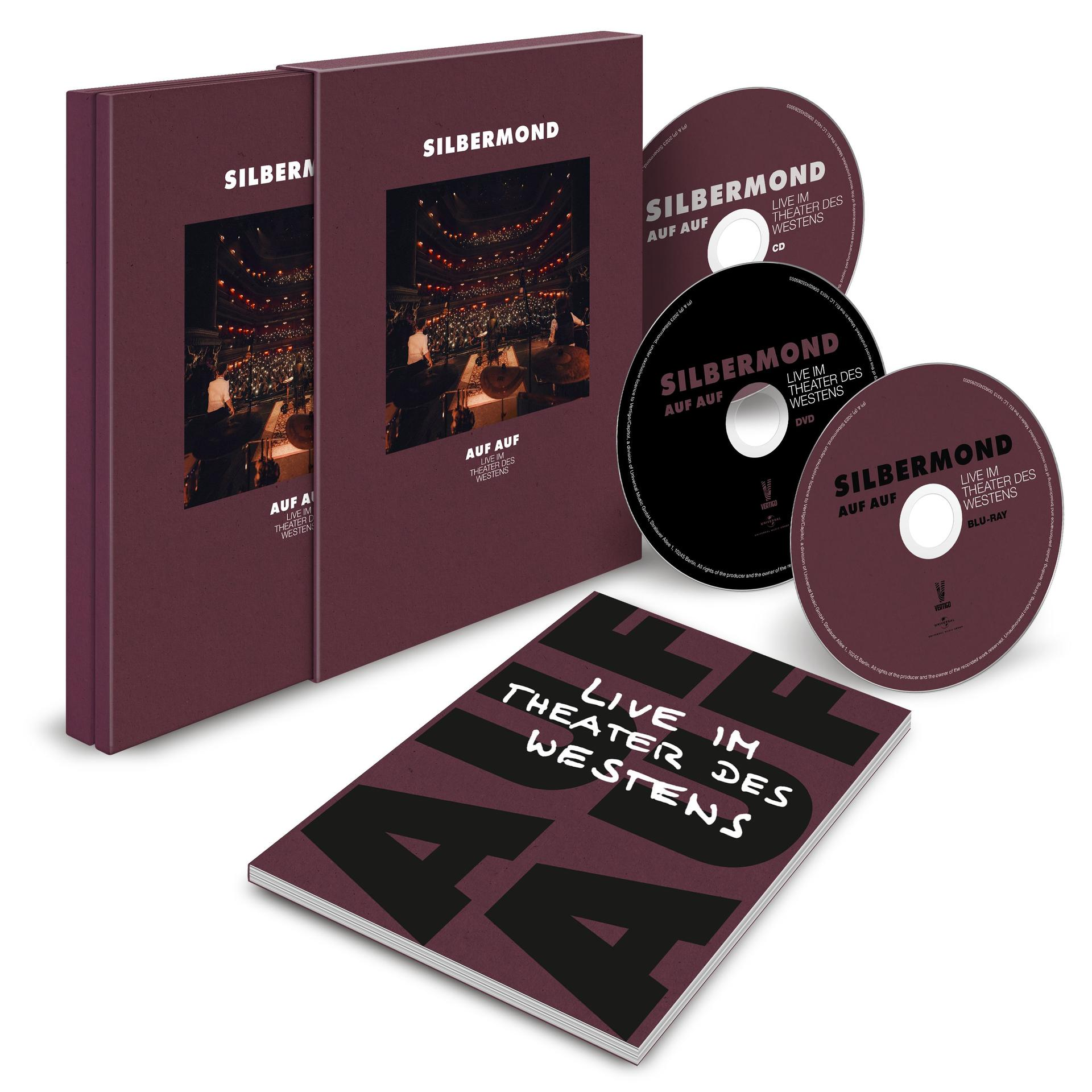Silbermond Auf Auf CD- und DVD-Set, mit zwei Büchern und drei Discs. Das Cover zeigt eine Bühne.