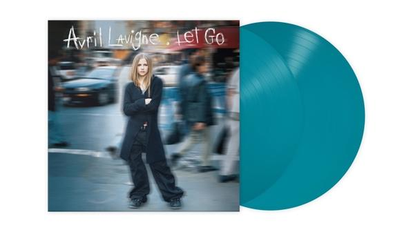 Avril Lavigne Let Go album borítója, Avril feketében és két türkiz vinyl lemez.