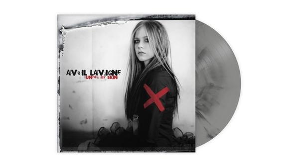 Avril Lavigne album borítója. Fekete ruhás nő, vörös kereszt a karján. Szürke bakelit.