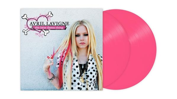 Avril Lavigne album borítója, rózsaszín bakelit lemezek. A borítón a fotója, a cím és a logó.