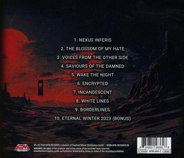 CD-Cover mit Trackliste. Dunkelroter Hintergrund mit Landschaft und rotem Mond.
