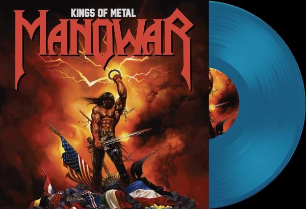 Albumcover. Krieger mit Schwert und Flagge, blaue Schallplatte sichtbar. Text: Kings of Metal, Manowar.