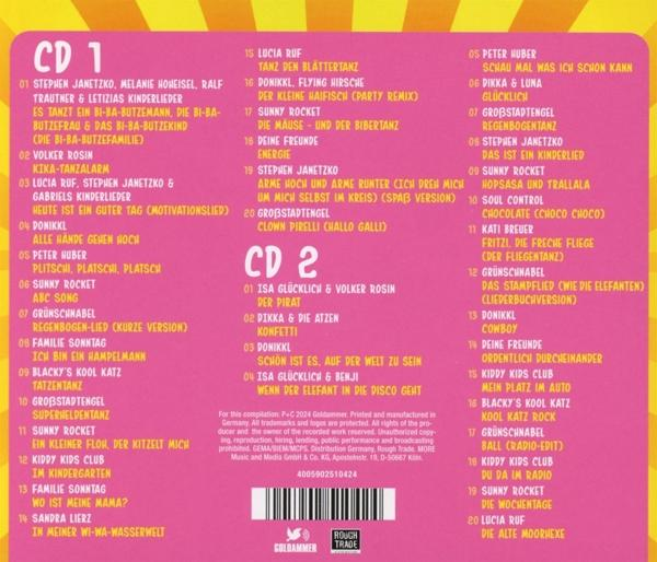 Ein farbenfrohes CD-Cover mit Text. Der Text ist hauptsächlich auf Deutsch. Der Hintergrund ist pink und gelb.