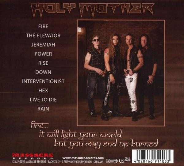 Die Rückseite einer CD von Holy Mother. Das Cover zeigt eine Band von vier Männern und eine Liste der Songtitel.