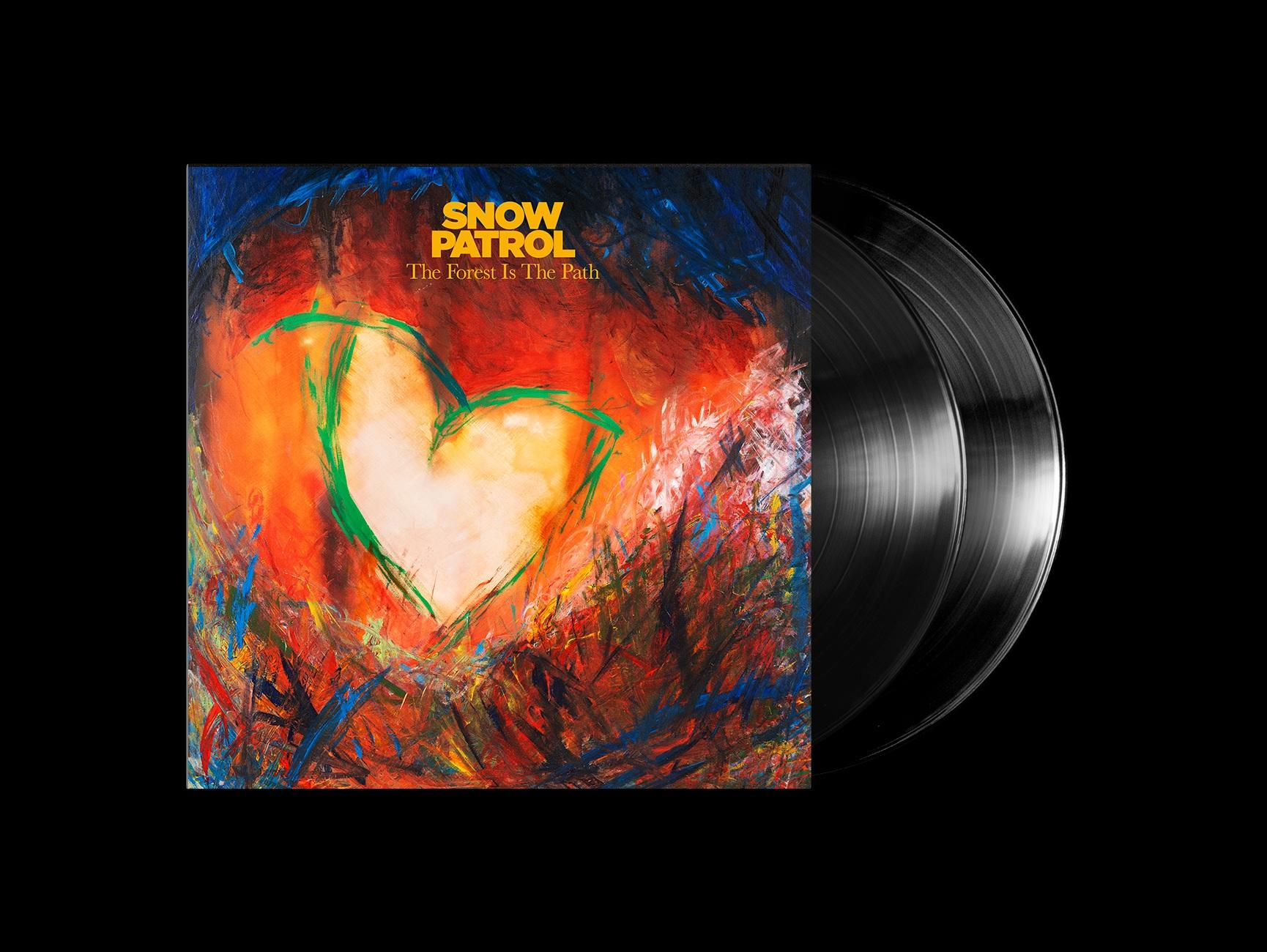 Snow Patrol Albumcover. Ein herzförmiges Design auf farbenfrohem Hintergrund. Zwei schwarze Schallplatten rechts.