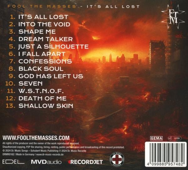 Rückseite einer CD mit Titelliste und Credits. Text ist auf Englisch. Der Hintergrund ist feurig.