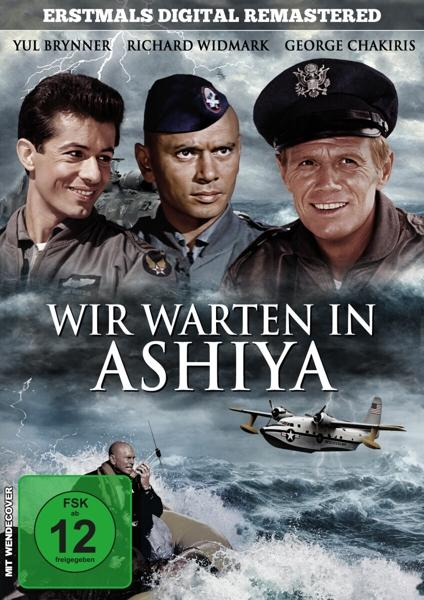 Filmposter von 'Wir Warten in Ashiya' mit drei Männern und Flugzeug.