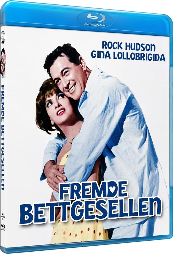 Filmcover mit Rock Hudson und Gina Lollobrigida, die sich umarmen. Text: Fremde Bettgesellen.