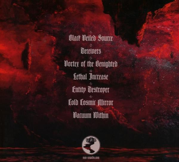 Albumcover mit dunkelrotem Hintergrund und weißem Text mit Songtiteln.