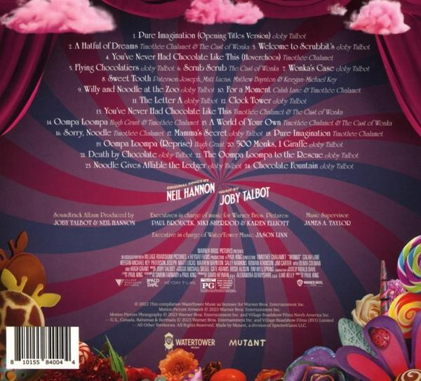 Rückseite einer CD mit Titelliste und Credits. Der Text ist auf Englisch. Der Hintergrund ist bunt.