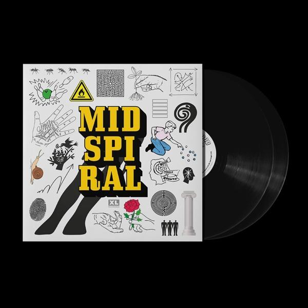 Schwarze Schallplatte mit Albumcover. Das Cover hat Zeichnungen und Text.