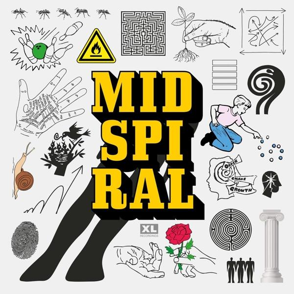 Albumcover mit gelbem Text 'MID SPIRAL' und verschiedenen handgezeichneten Bildern.