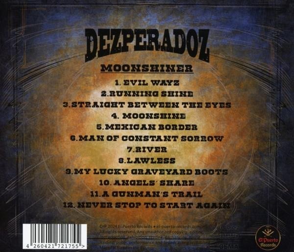 Albumcover für 'Dezperadoz - Moonshiner'. Es hat Text und Titellisten auf strukturiertem Hintergrund.
