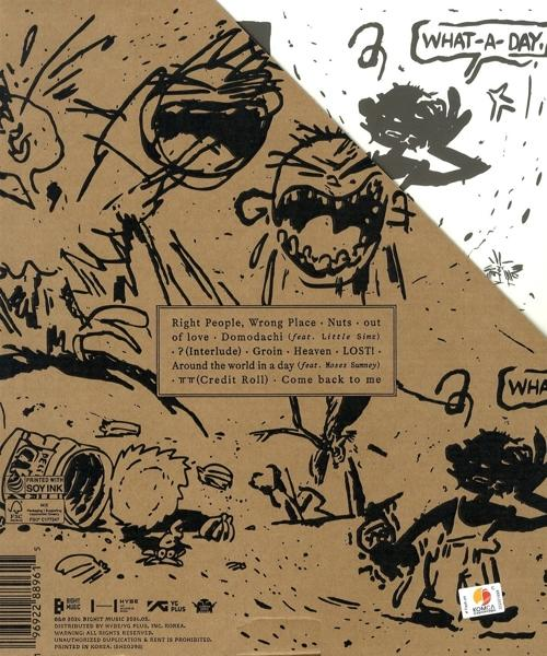 Albumcover mit cartoonartigen Zeichnungen auf braunem und weißem Hintergrund.