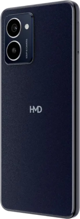 Czarny smartfon HMD, widok z tyłu. Posiada aparat i logo HMD.