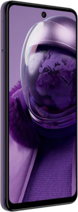 Fioletowy smartfon, pokazujący astronautę w kosmosie. Widoczny jest profil boczny telefonu.