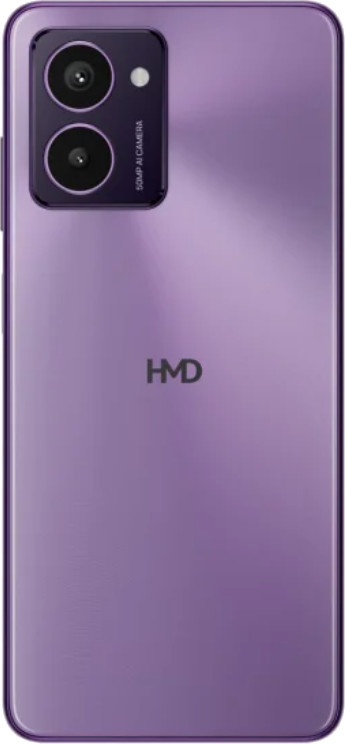 Fioletowy smartfon na białym tle. Tył pokazuje aparat i logo HMD.