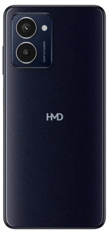 Ciemnoniebieski smartfon z aparatem. Widoczna nazwa marki HMD.