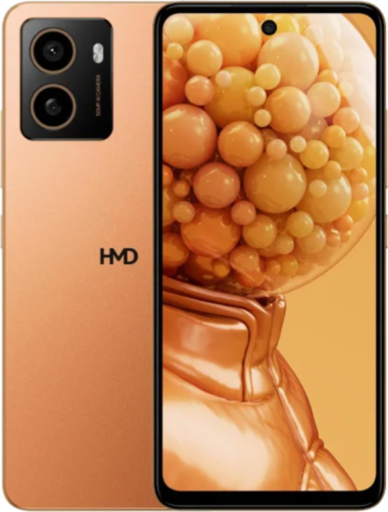 Pomarańczowy telefon, czarny aparat, logo HMD i ekran z pomarańczową sferą 3D.