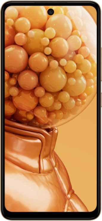 Smartfon z pomarańczowym tłem w kształcie baniek. Telefon jest w kolorze złotym i ma przedni aparat.