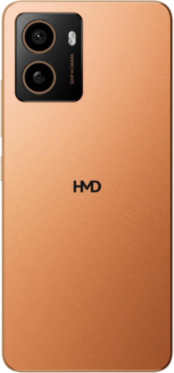 Telefon ze złotym tyłem i podwójnym aparatem, z logo HMD.