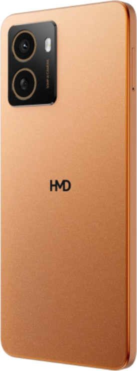 Miedziany telefon z aparatem, widok z tyłu, z logo HMD.