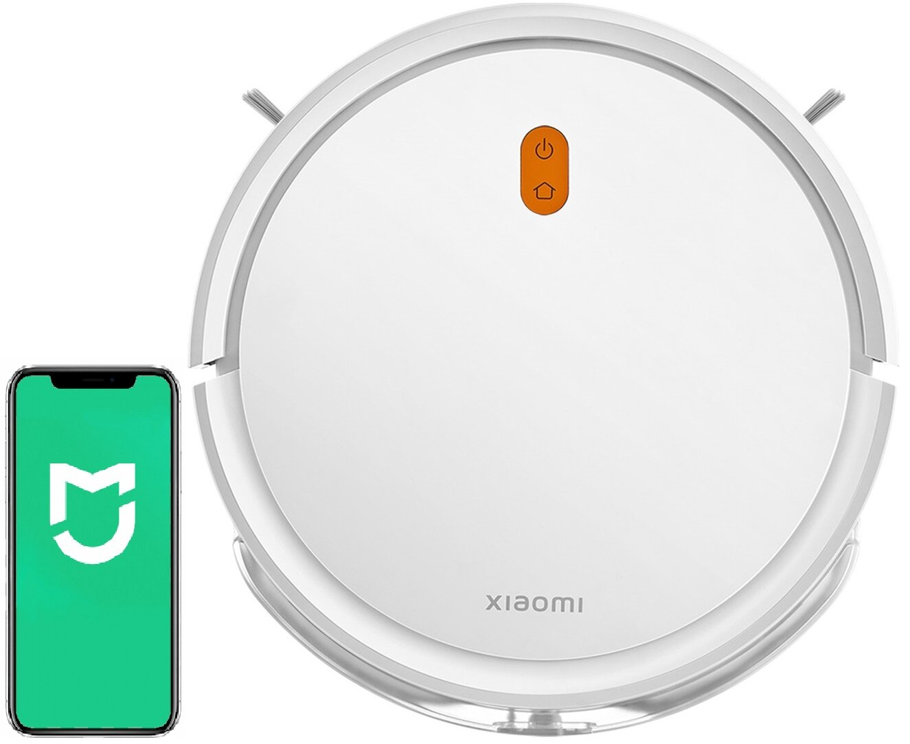 Biały robot odkurzający z przyciskiem zasilania i logo Xiaomi. Zielony telefon.