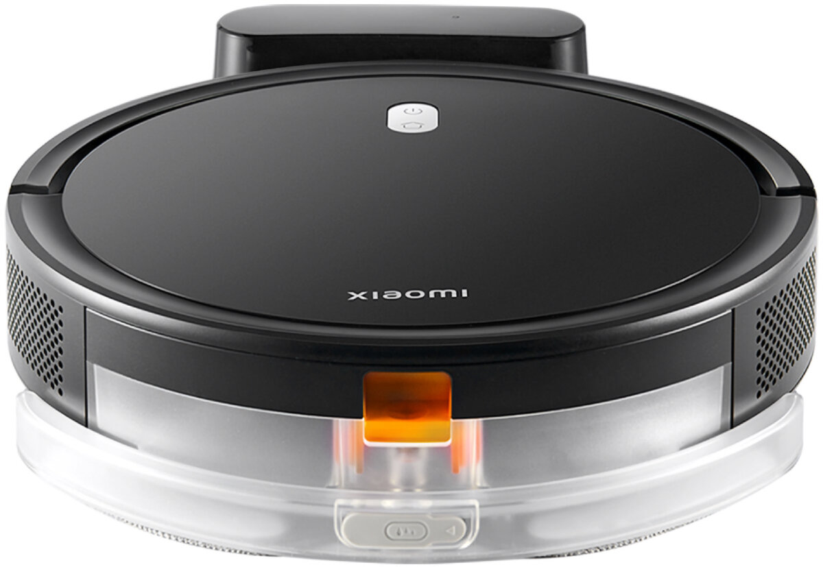 Czarny robot odkurzający Xiaomi z białą obwódką i przezroczystym pojemnikiem na kurz.