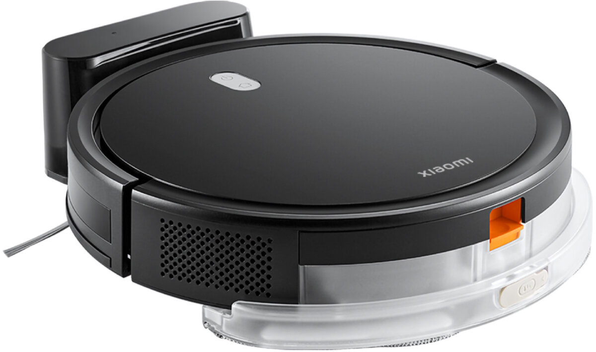 Czarny odkurzacz robot z stacją ładującą. Ze stacją i zbiornikiem na wodę.