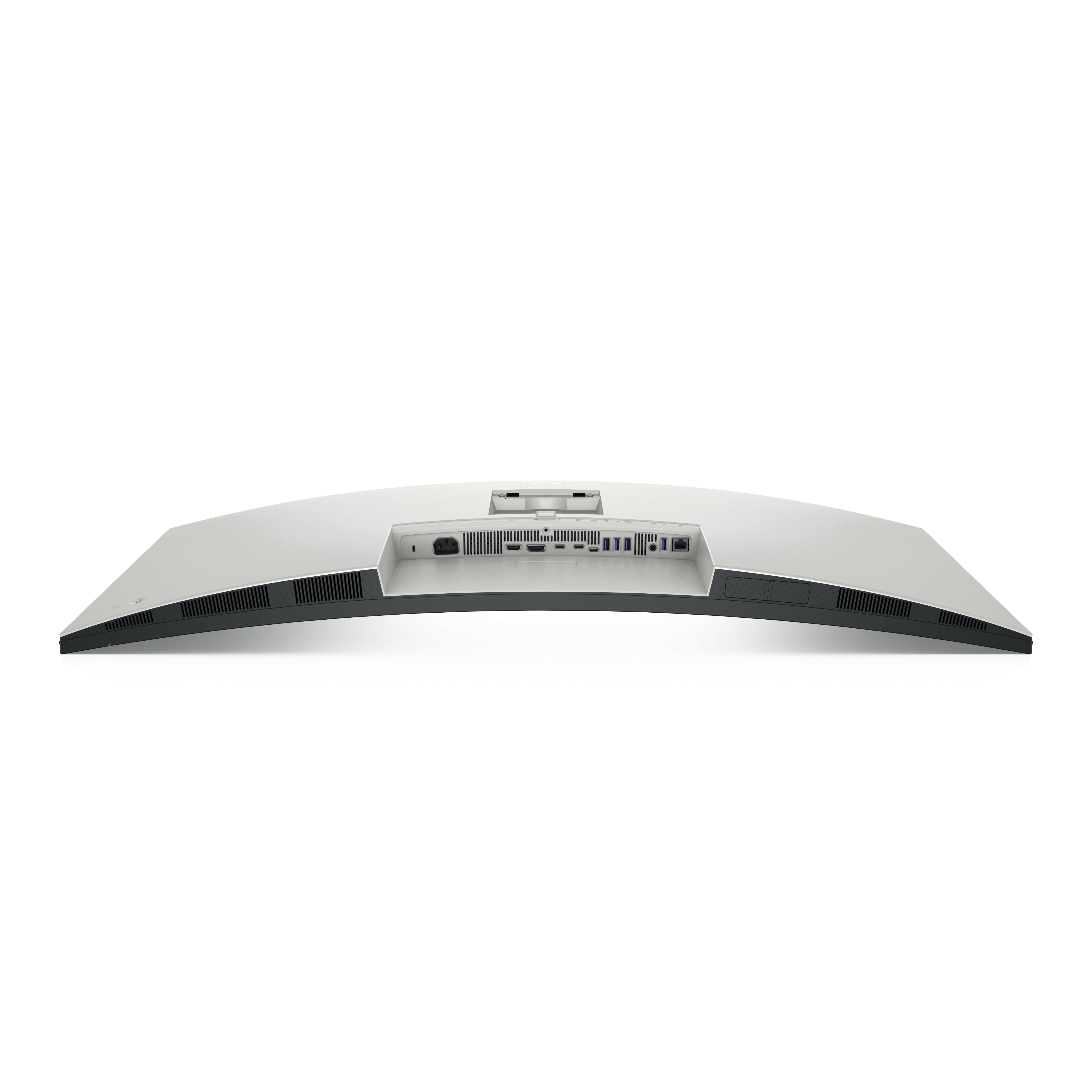 Rückseite eines weißen Monitors mit Anschlüssen: Strom, HDMI, USB-C, Audio.