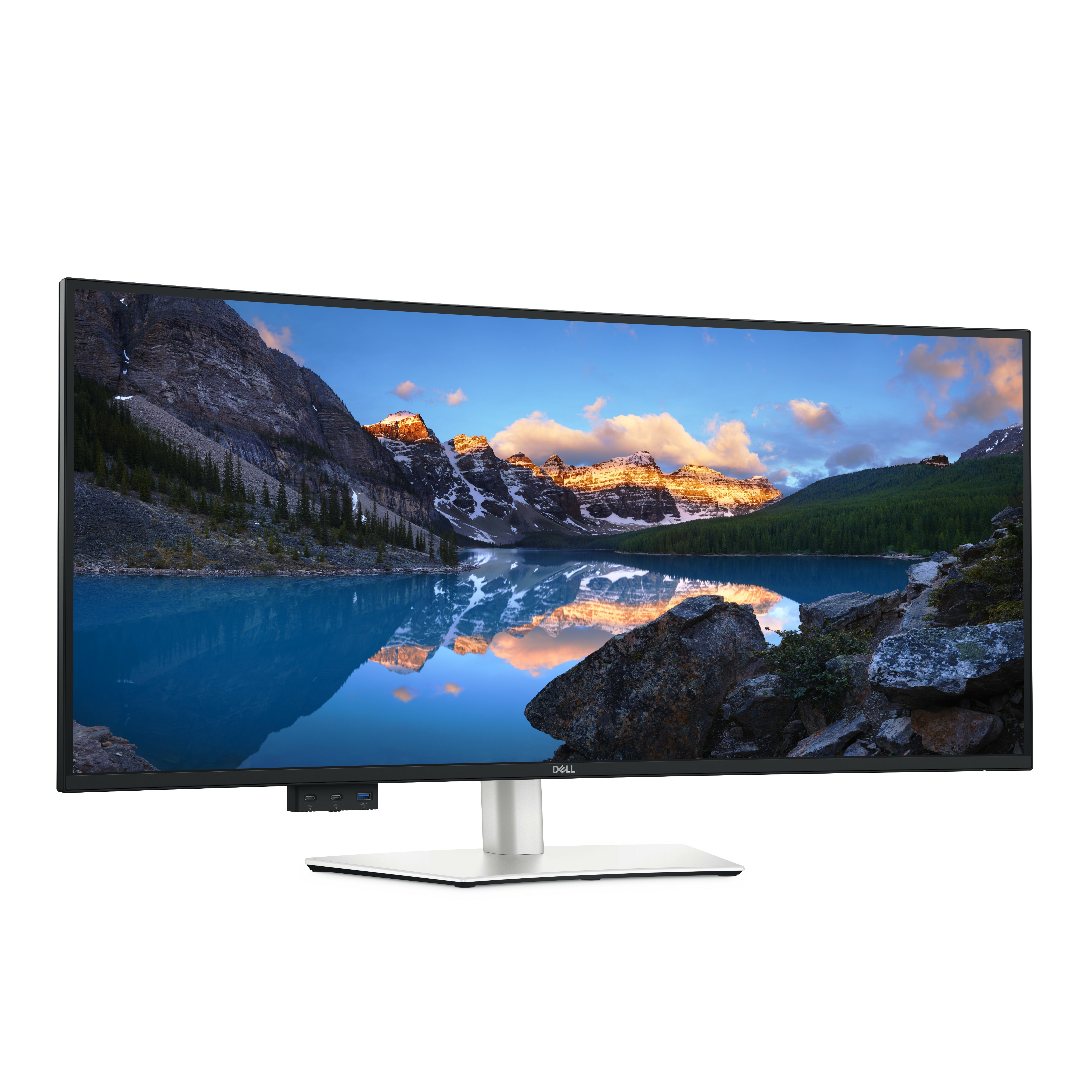 Ein Dell-Monitor zeigt eine Berglandschaft mit See. Nahaufnahme des Bildschirms.
