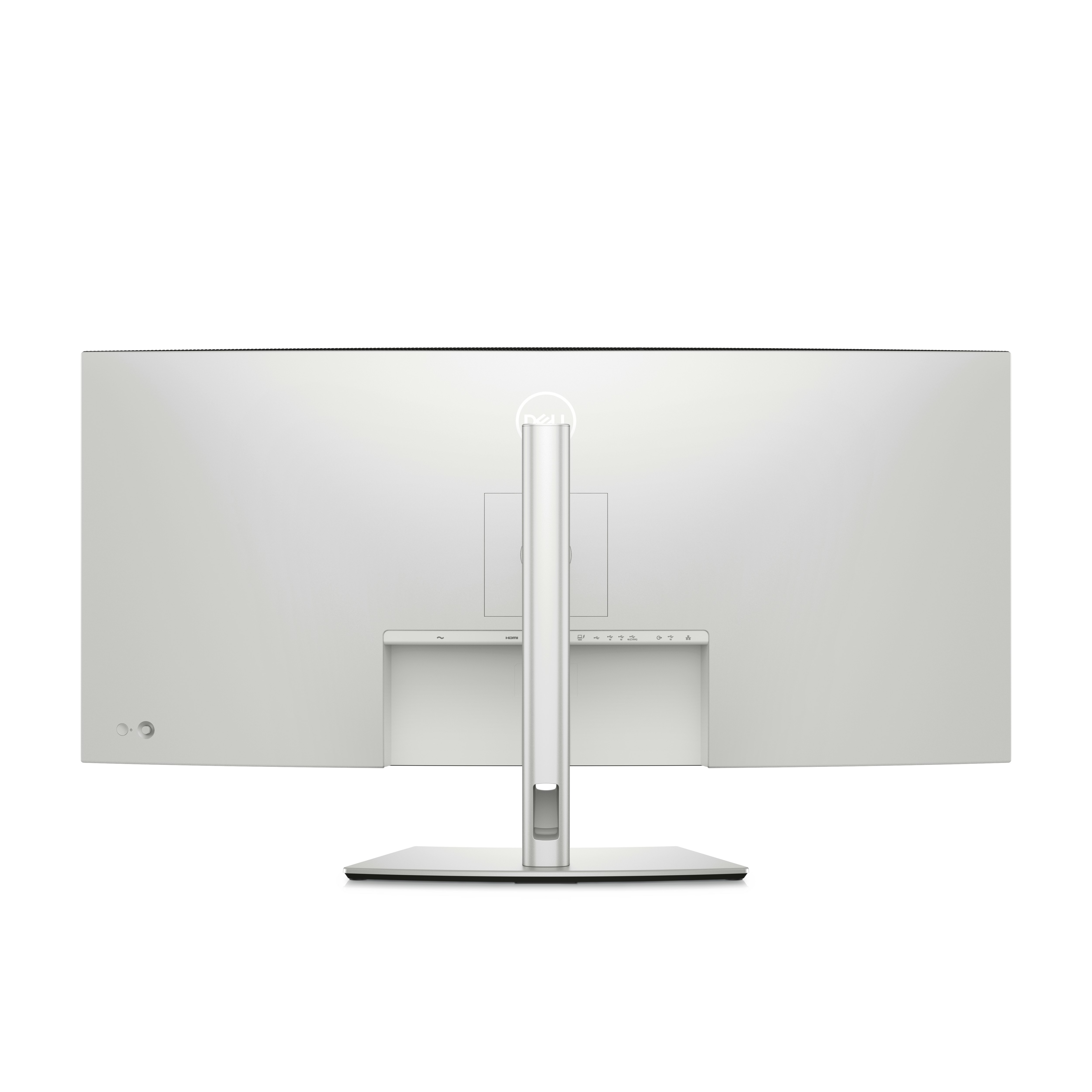 Rückseite eines schlanken, silbernen Monitors mit Dell-Logo und Anschlüssen.