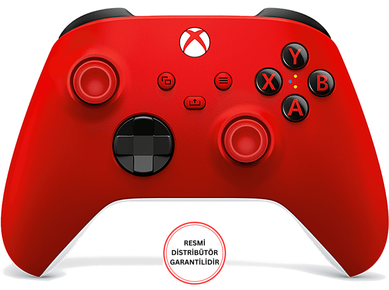 Kırmızı Xbox denetleyici, düğmeler ve tetikleyicilerle, beyaz arka plan.