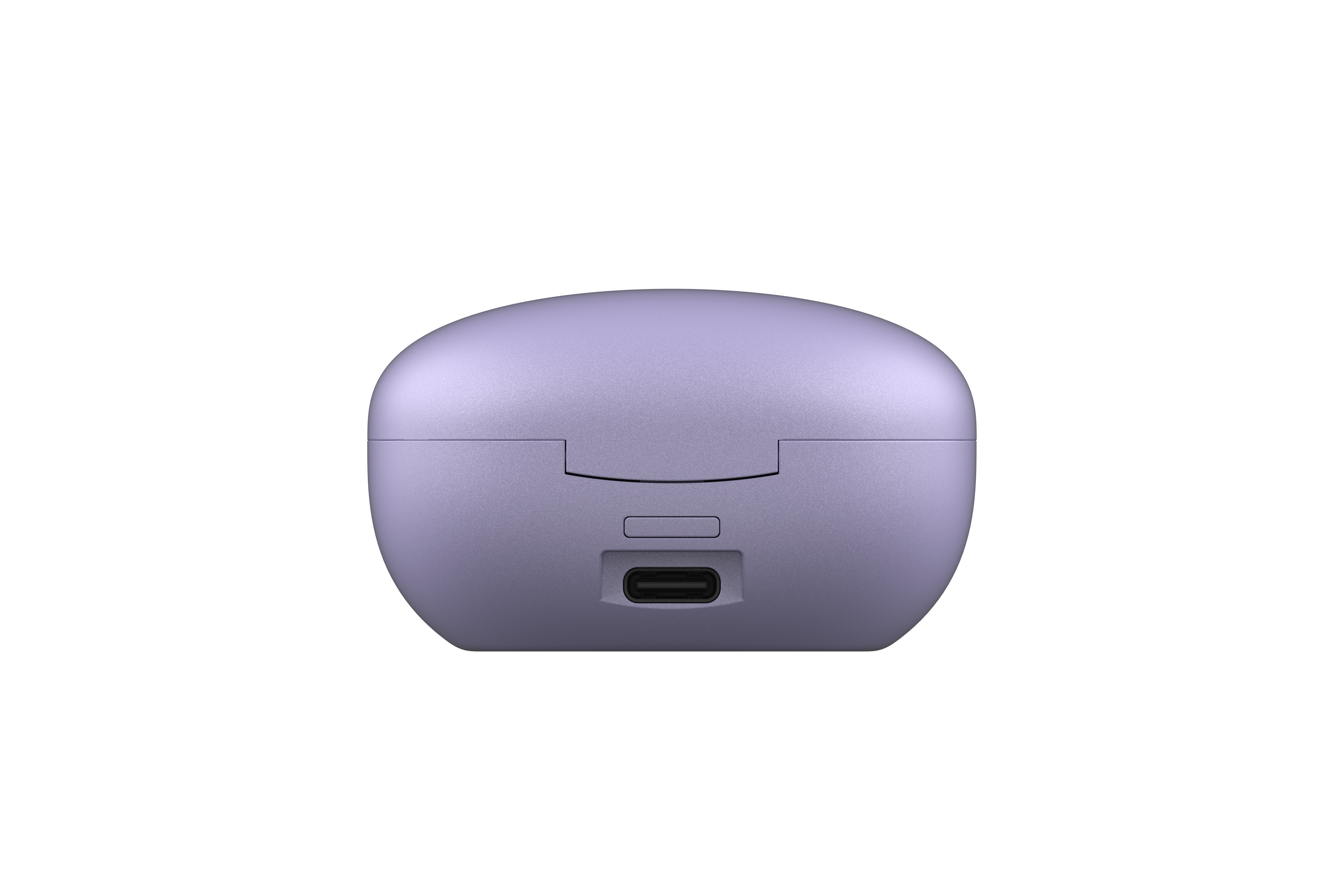 Kulaklıklar için küçük, lavanta rengi bir şarj kutusu, altında bir USB-C bağlantı noktasıyla.