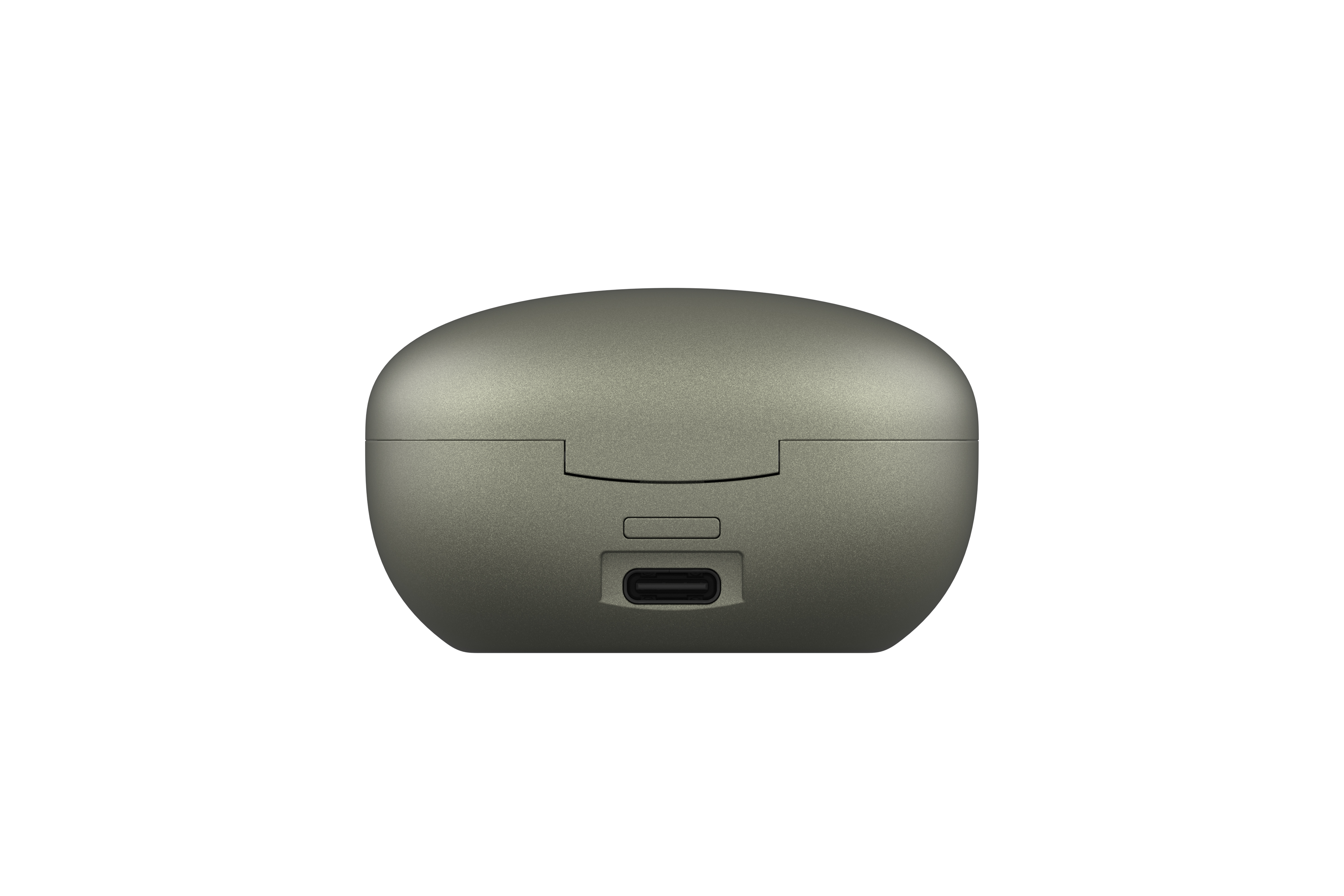 Altında bir USB-C şarj portu bulunan gri, yuvarlak bir kulaklık şarj kutusu.