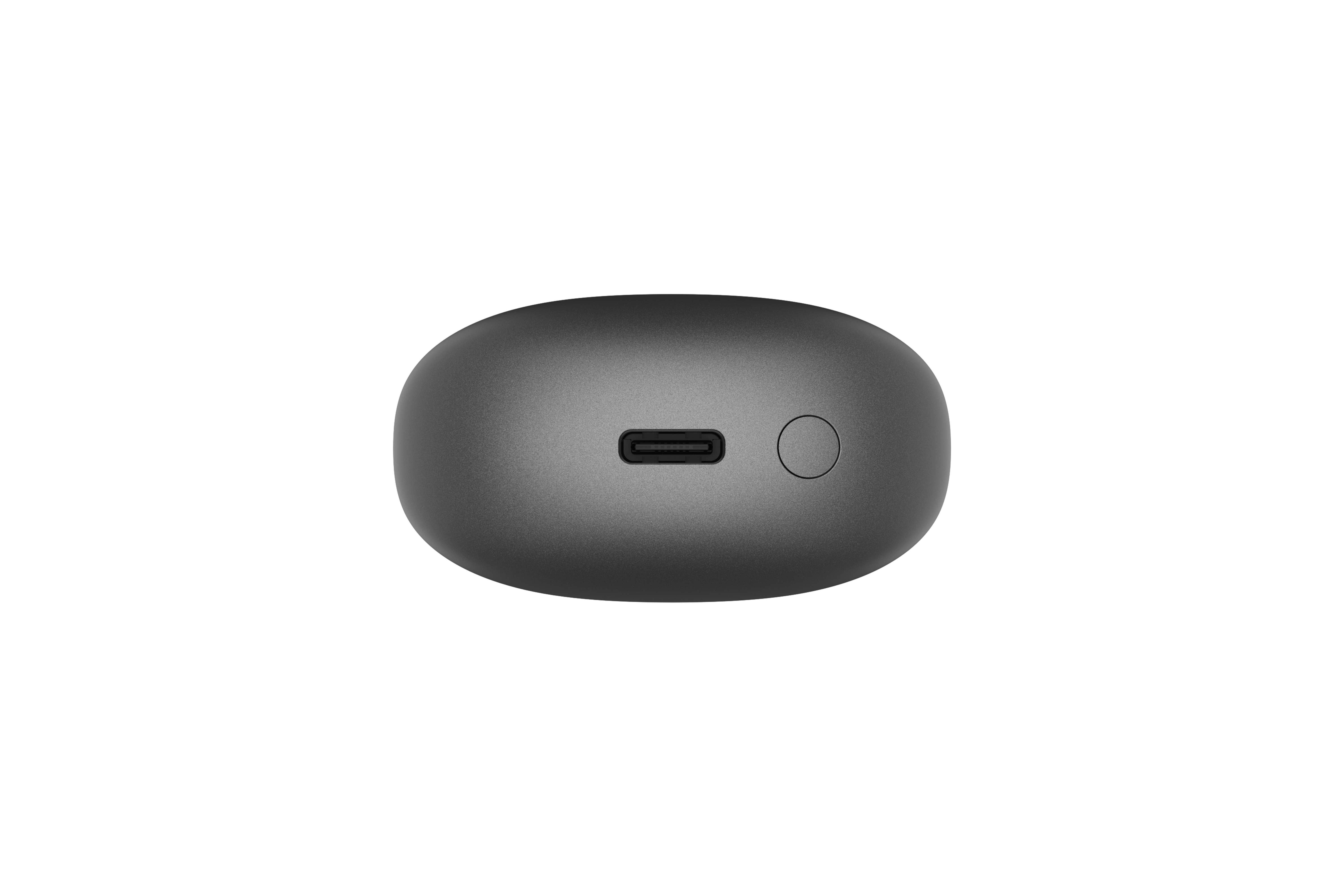 Beyaz bir arka plan üzerinde bir USB-C bağlantı noktası ve bir düğmesi olan koyu gri, oval şeklinde bir cihaz.