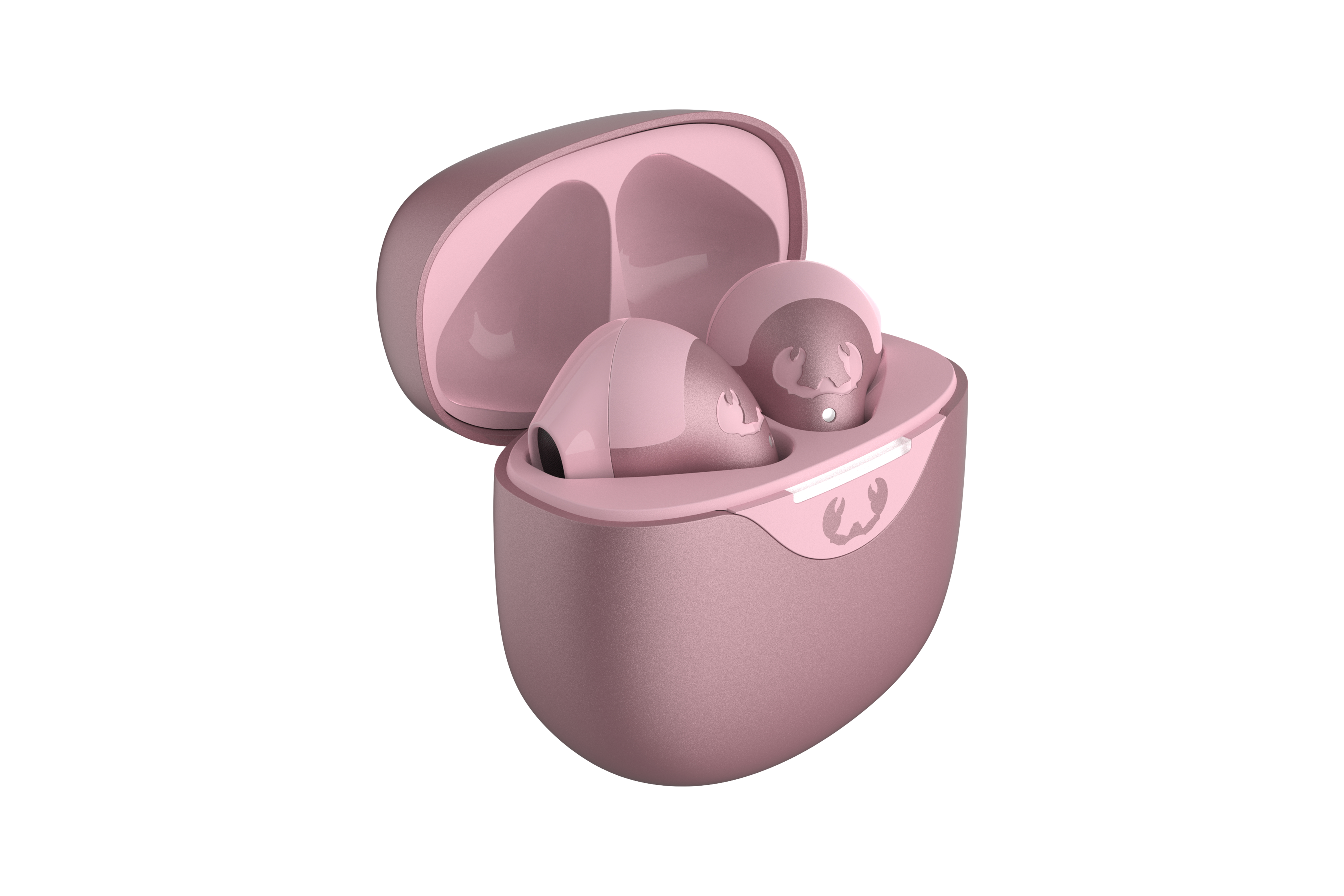 Pembe kablosuz kulaklıklar açık bir kılıf içinde. Kılıf ve kulaklıklar pembe tonlarda.