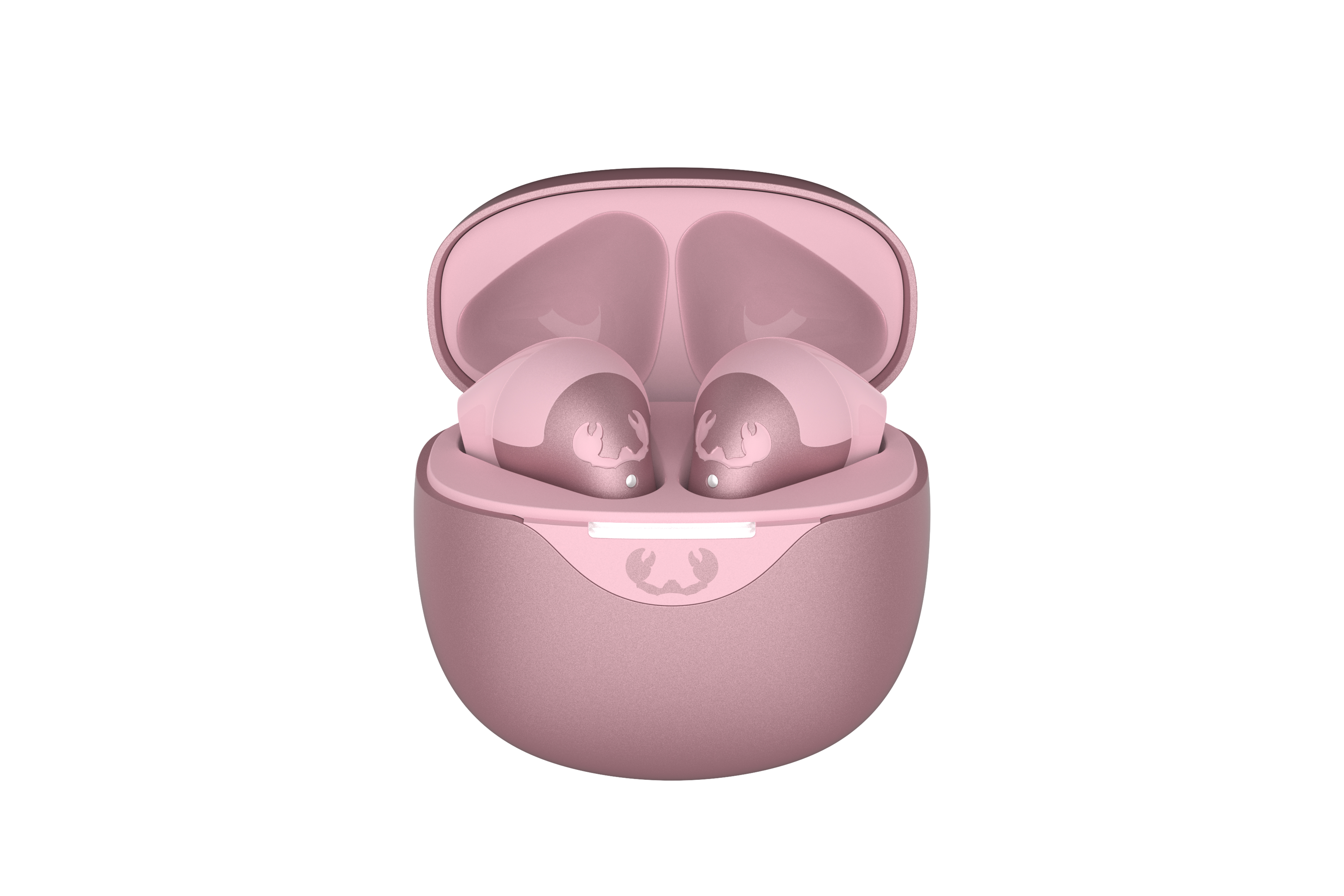 Pembe bir şarj kutusunda pembe kulaklıklar. Kutu açıktır ve içindeki kulaklıkları gösterir.
