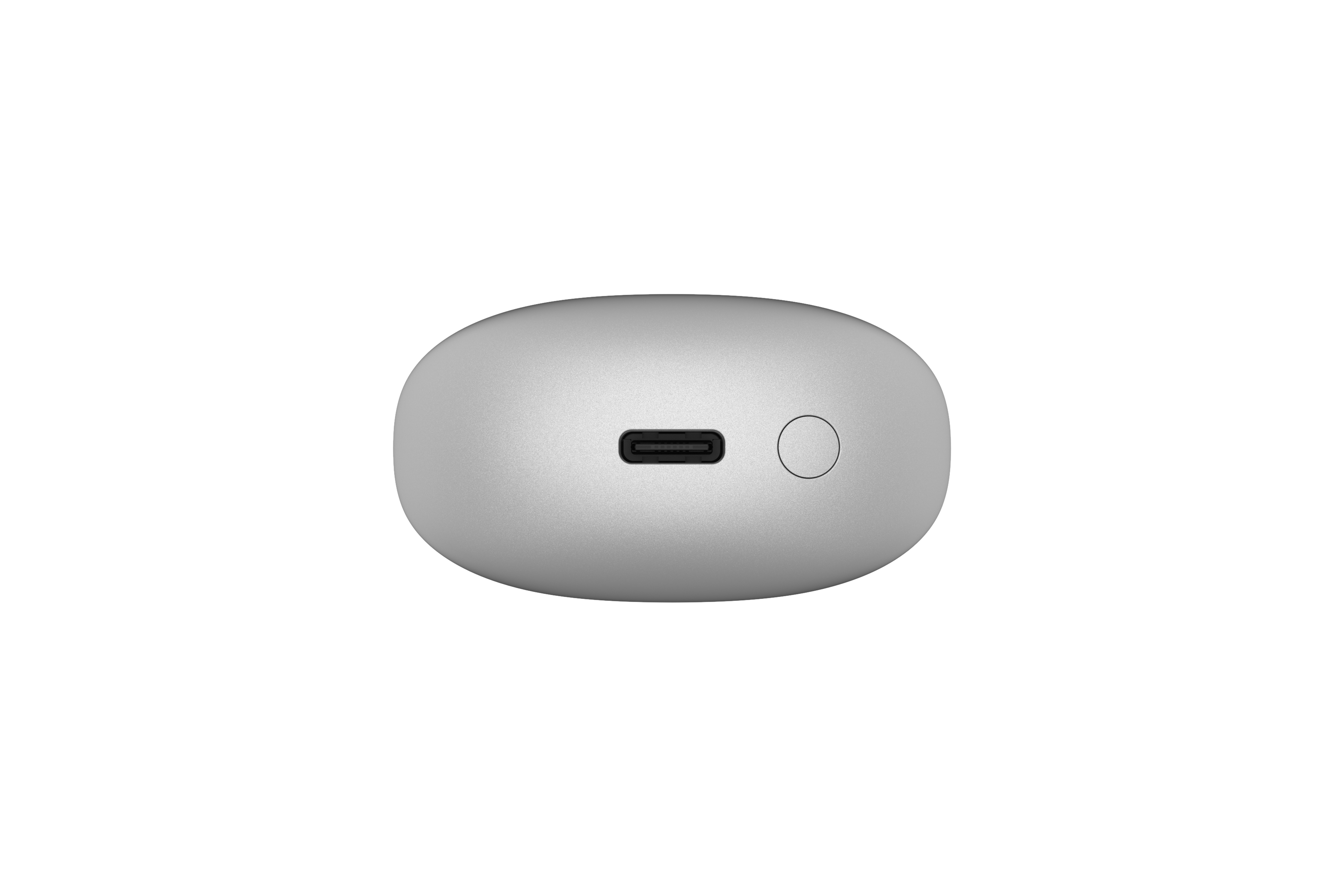 Beyaz bir arka plan üzerinde, bir USB bağlantı noktası, bir düğme ve bir şarj bağlantı noktası olan gri, yuvarlak bir cihaz.